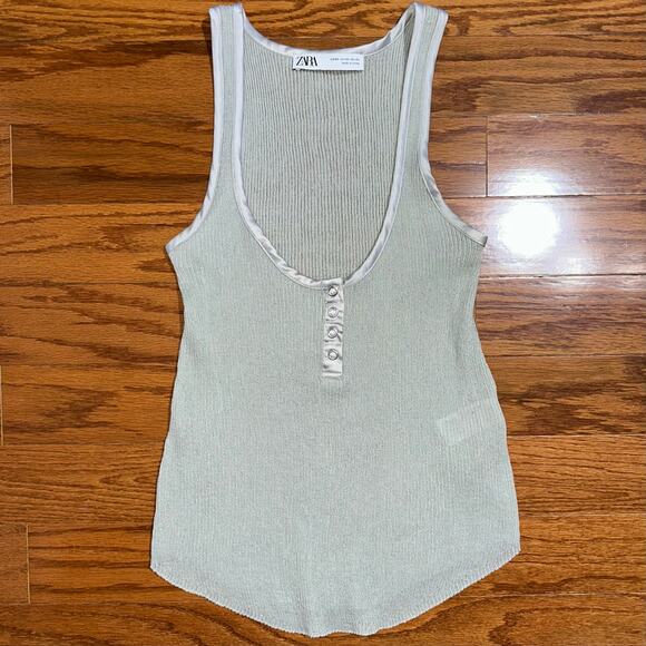Zara Grey Scoop Neck Delicate Sheer Viscose Linen Mesh Knit Tank Top Size XS - Picture 9 of 15